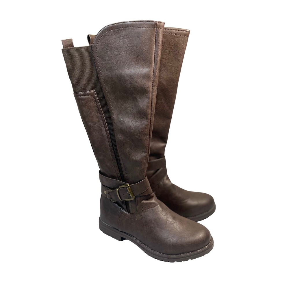 GC Shoes Women Size 8 Brown Faux Leather Riding Boots Knee High Buckle Zip‎